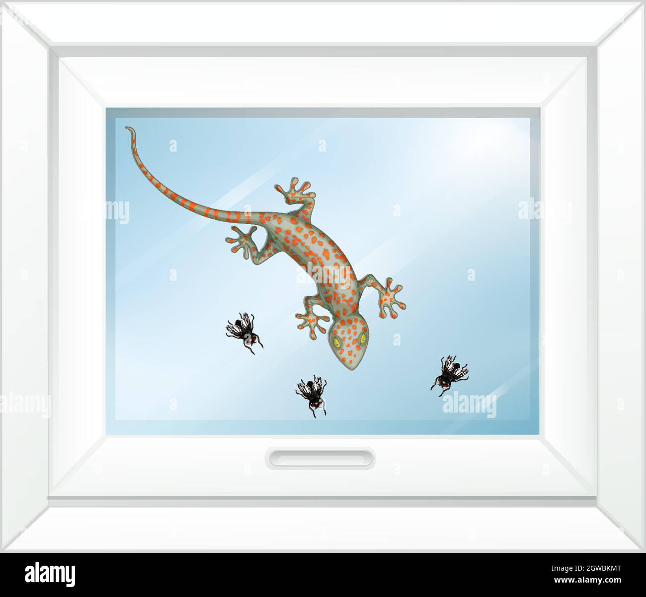 Gecko on glass window with many fly in cartoon style Stock Vector