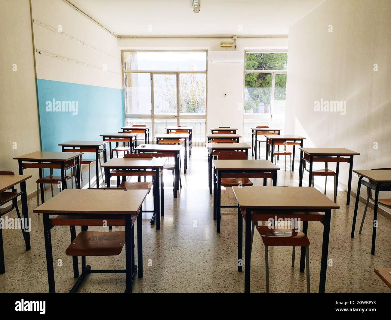 Empty Classroom With Desks Without Pupils Stock Photo Alamy