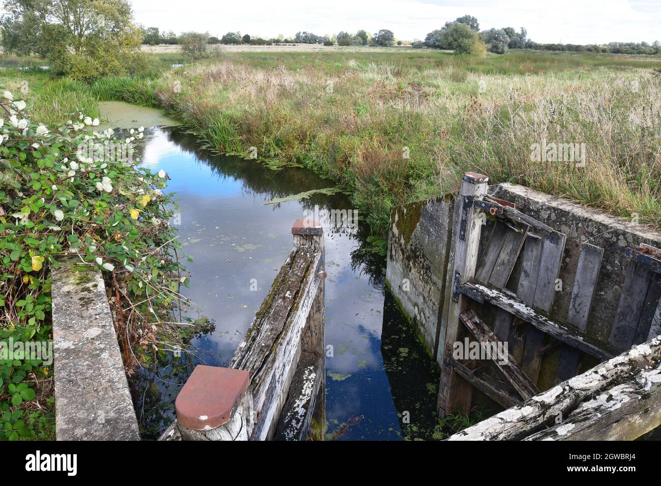 Disused sluice gates on the River, at RSPB Fen Drayton, Cambridgeshire, UK Stock Photo