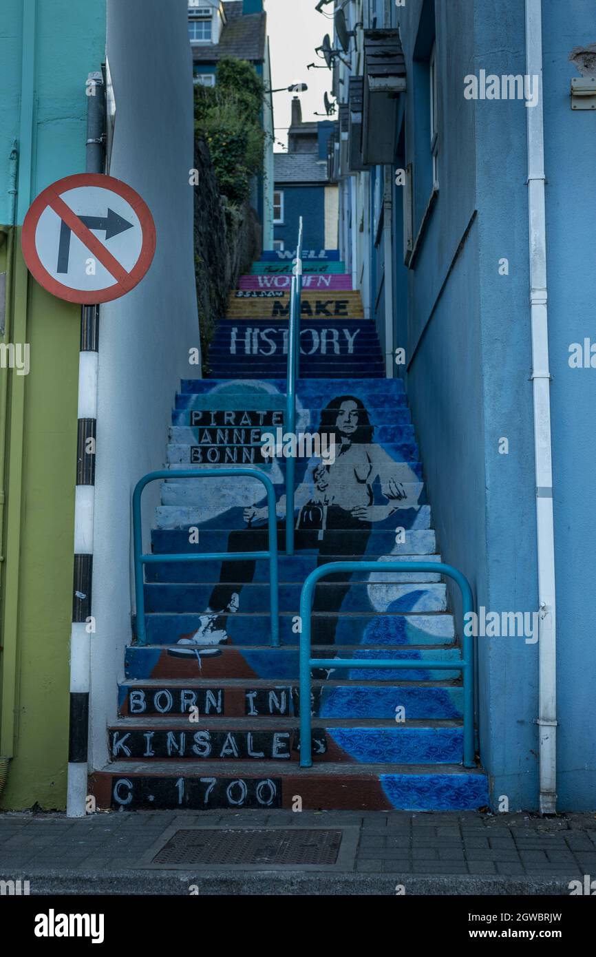 KINSALE, IRELAND - Aug 28, 2021: A beautiful painted stairs in Kinsale ...