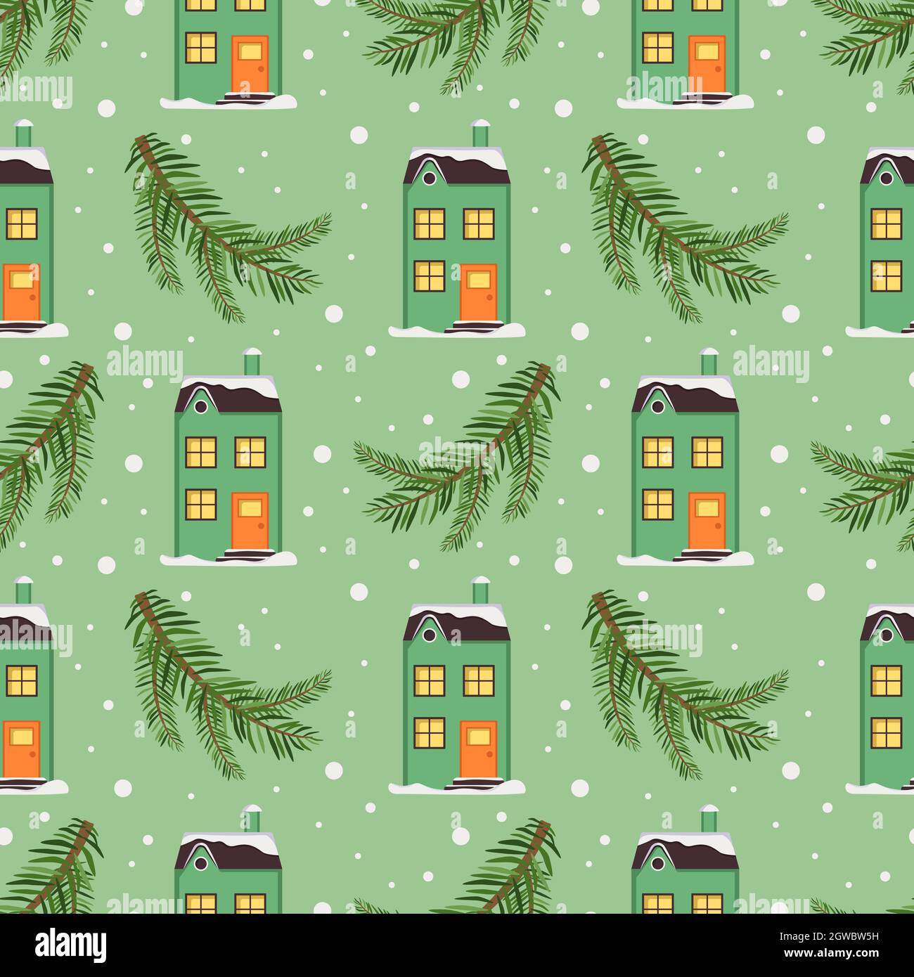 seamless-pattern-with-festive-christmas-houses-tree-branches-and-snowflakes-on-green-background-bright-print-for-the-new-year-and-winter-holidays-for-wrapping-paper-textiles-and-design-stock-vector-image
