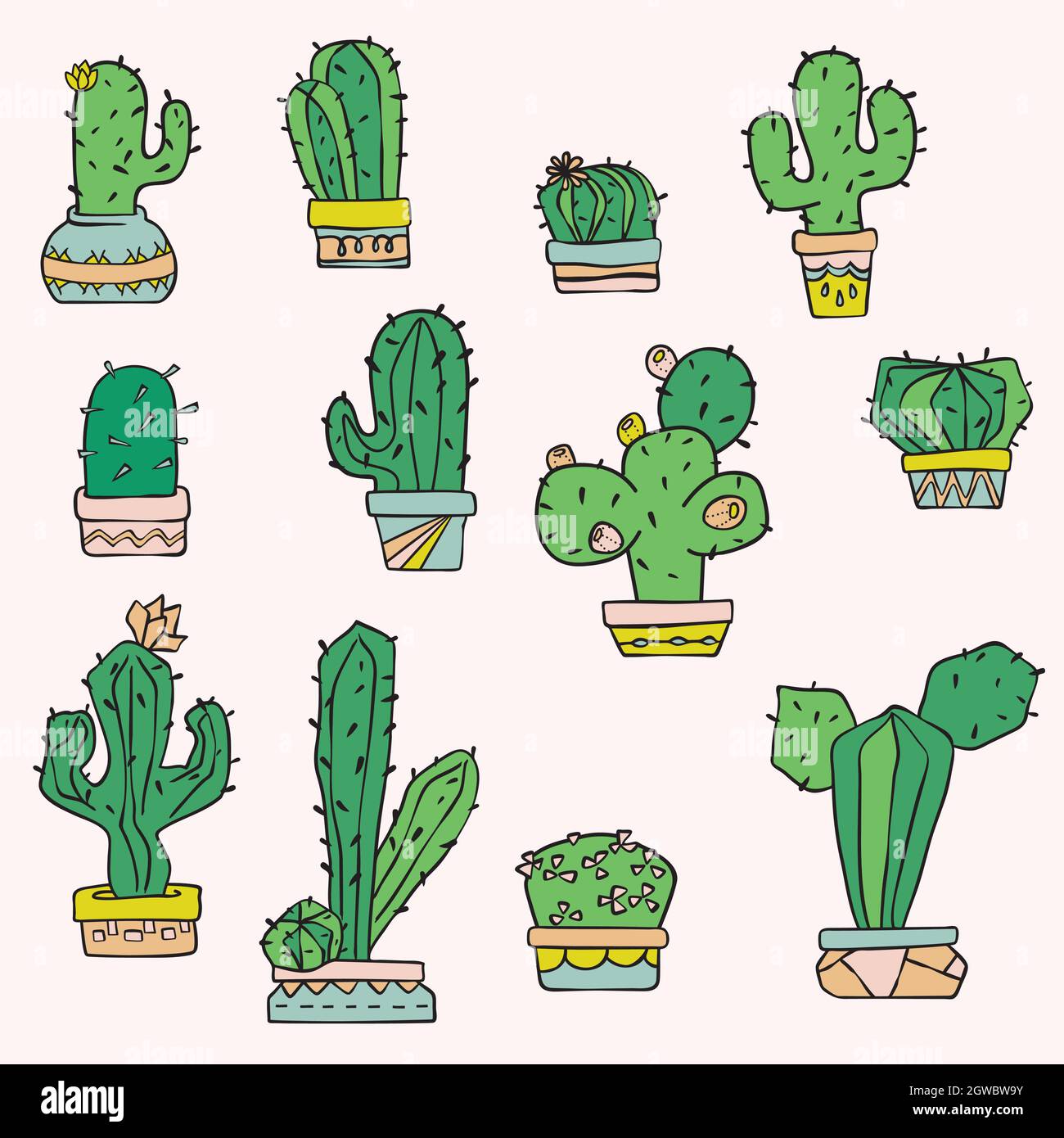 Cactus in flower pots. Hand drawn succulent. Tropical house plants. Colored doodles. Stock Vector