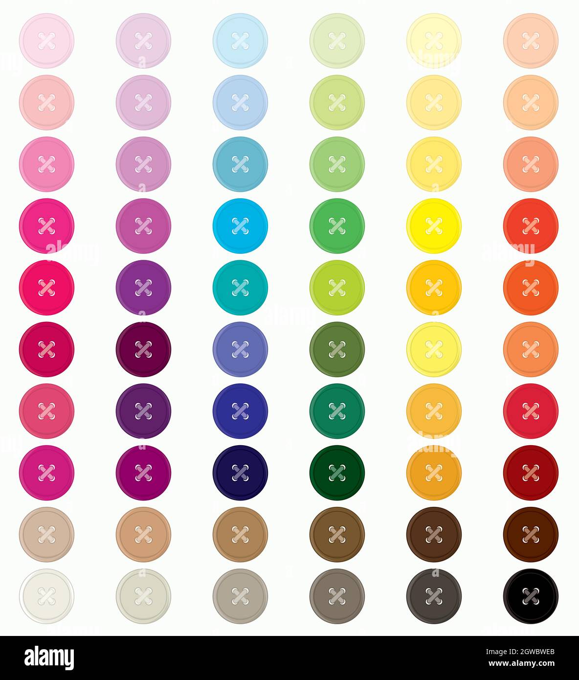 Colored buttons. Rainbow sewing round button. Four holes. Crossed