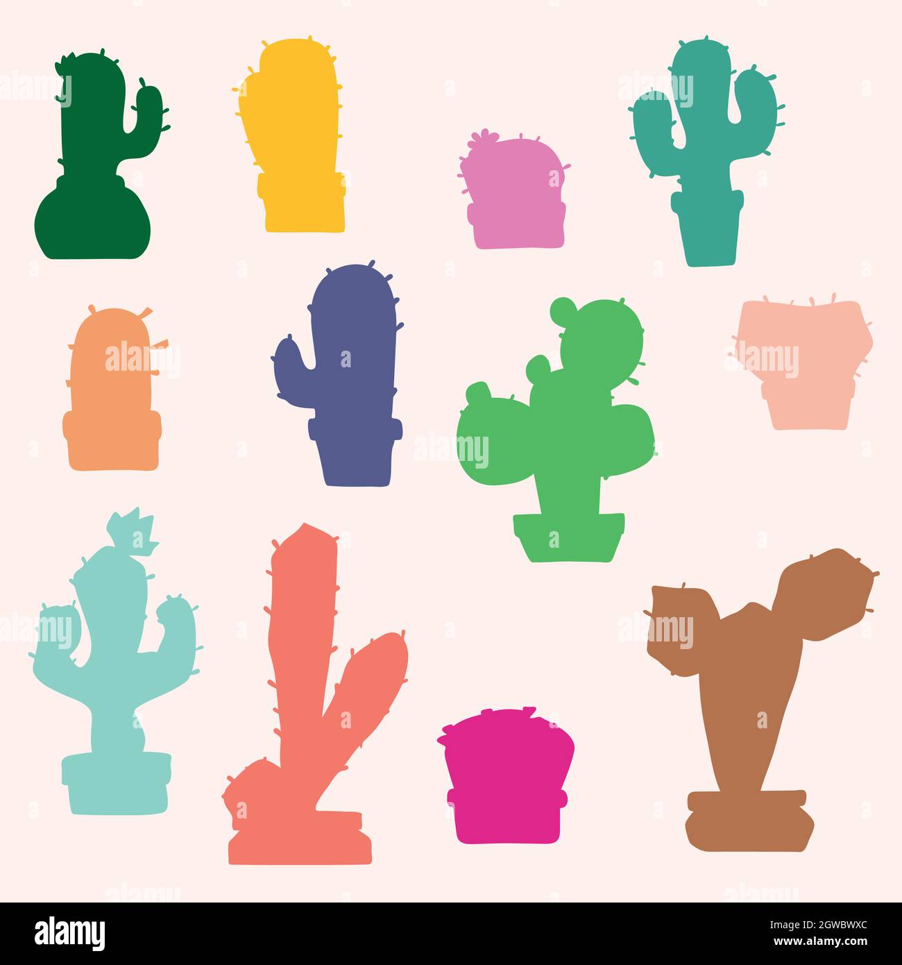Cactus in flower pots. Hand drawn succulent. Tropical house plants. Colored silhouette. Stock Vector