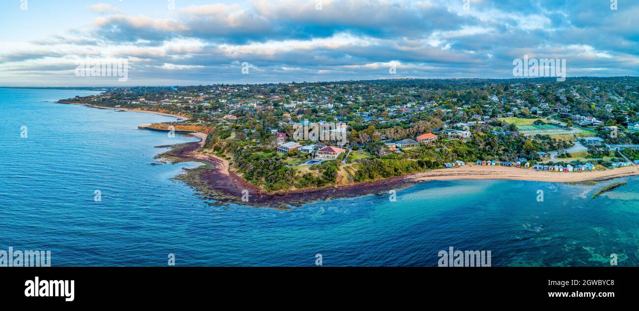 Aerial Panoramic Landscape Of Scenic Coastline Near Mount Eliza Suburb In Melbourne, Australia Stock Photo