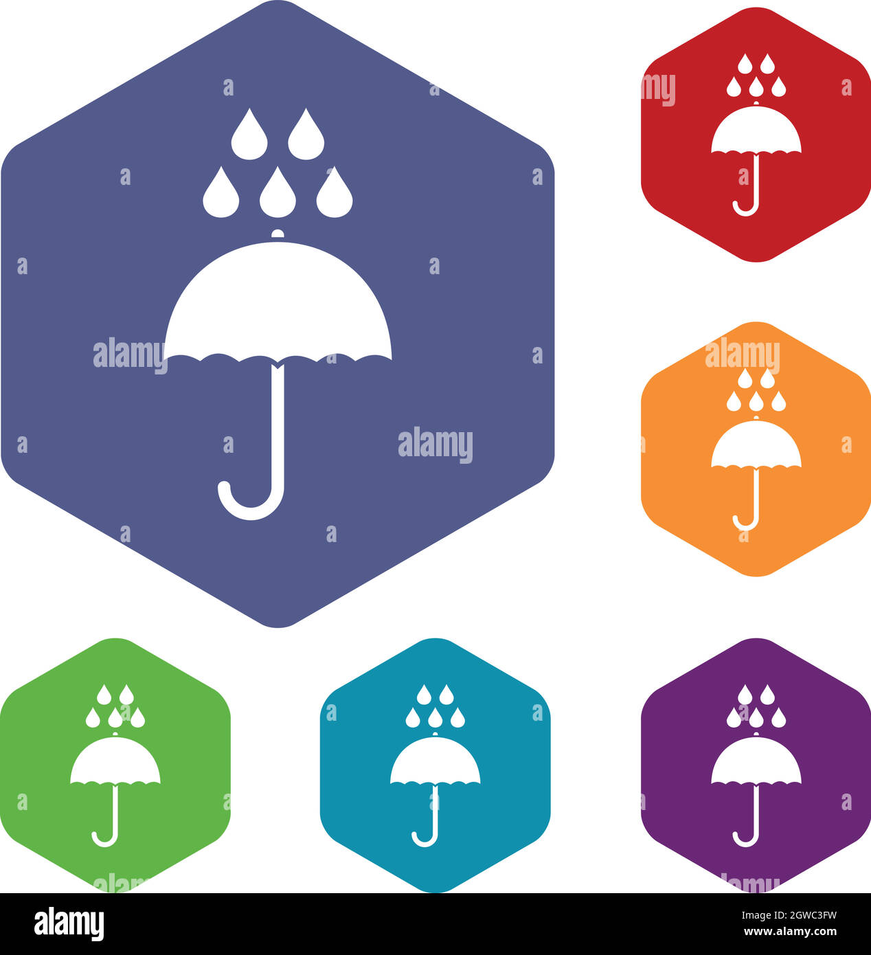 Umbrella and rain drops icons set Stock Vector
