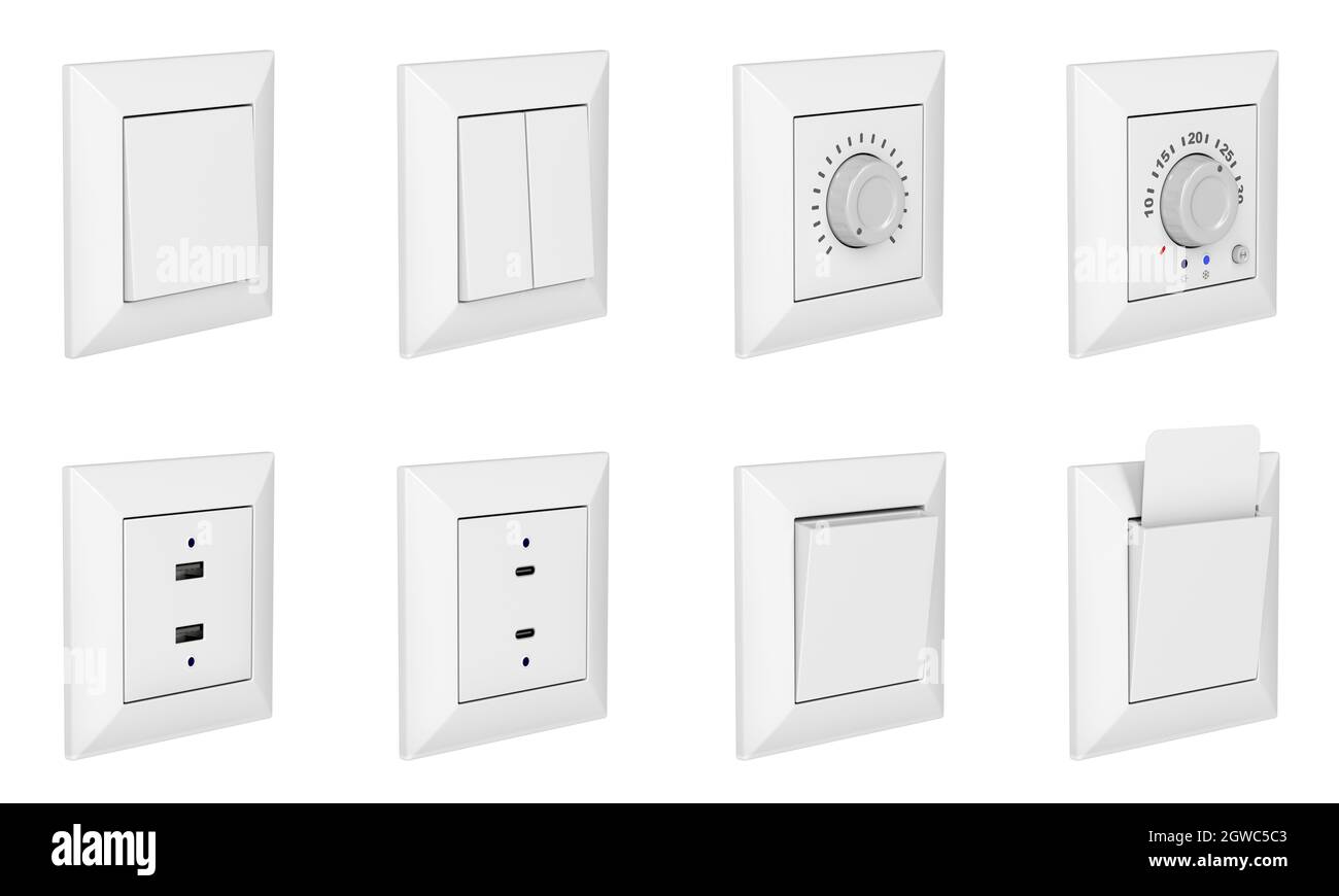 Many wall light switches, USB sockets, analog thermostat and key card slot. Set of objects isolated on white background. Stock Photo