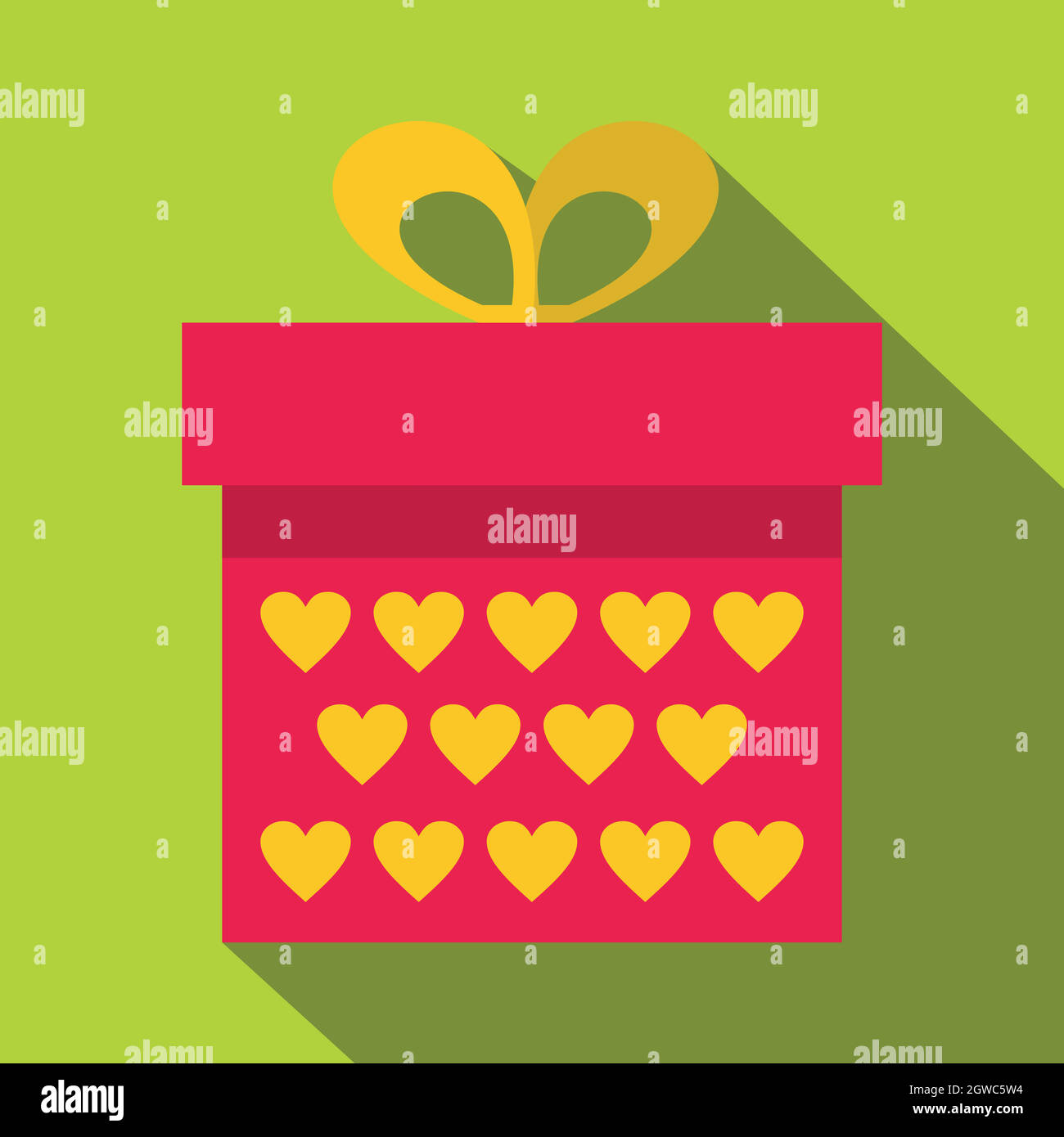 Pink gift box with yellow hearts icon, flat style Stock Vector