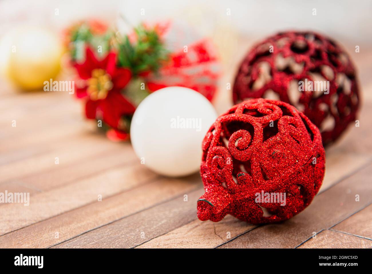Close-up Of Christmas Decorations On Table Stock Photo