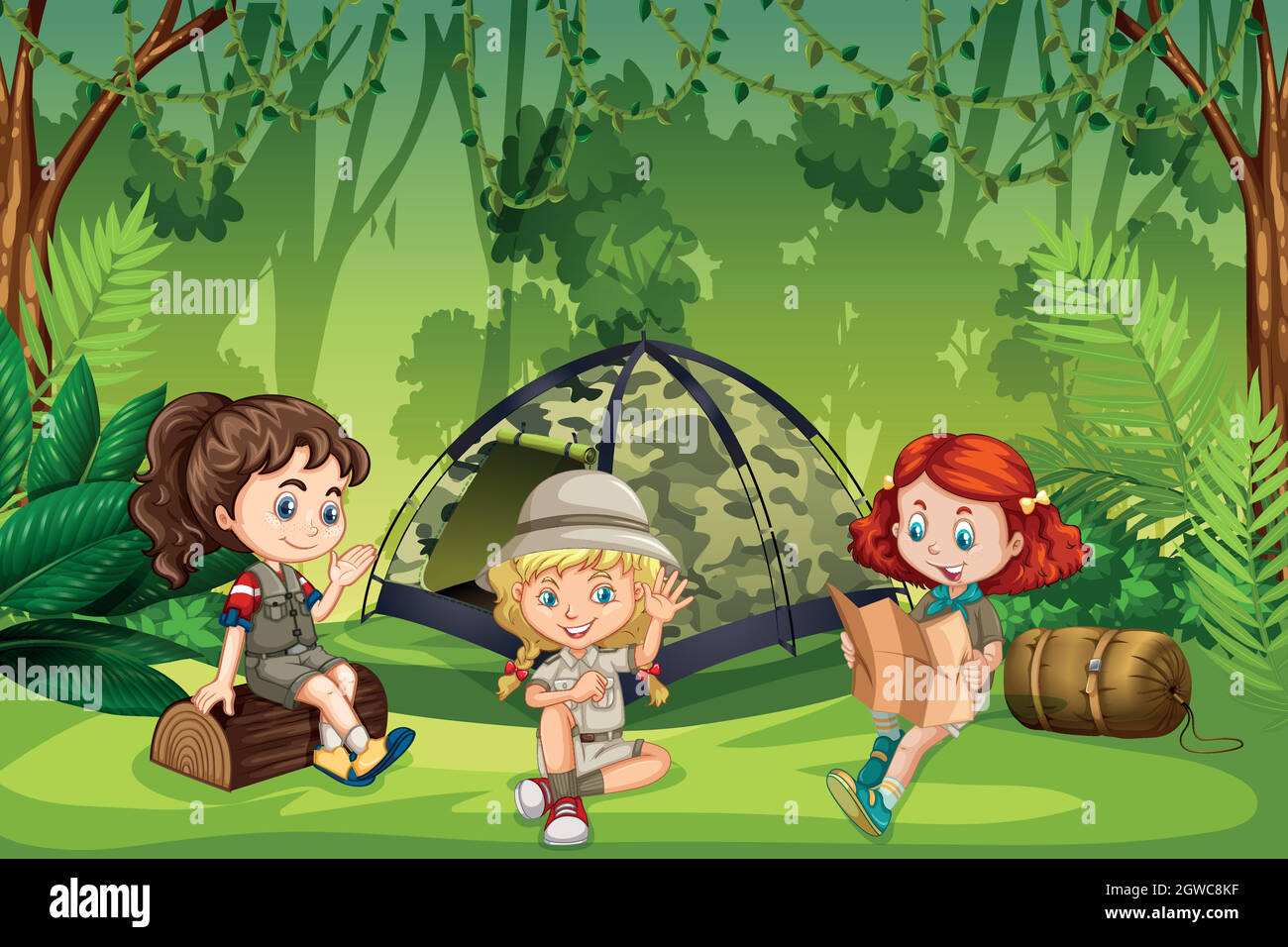 Girl scouts camping outdoors Stock Vector