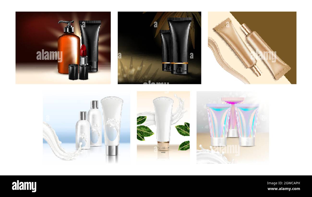 Cosmetic Tubes Creative Promo Posters Set Vector Stock Vector