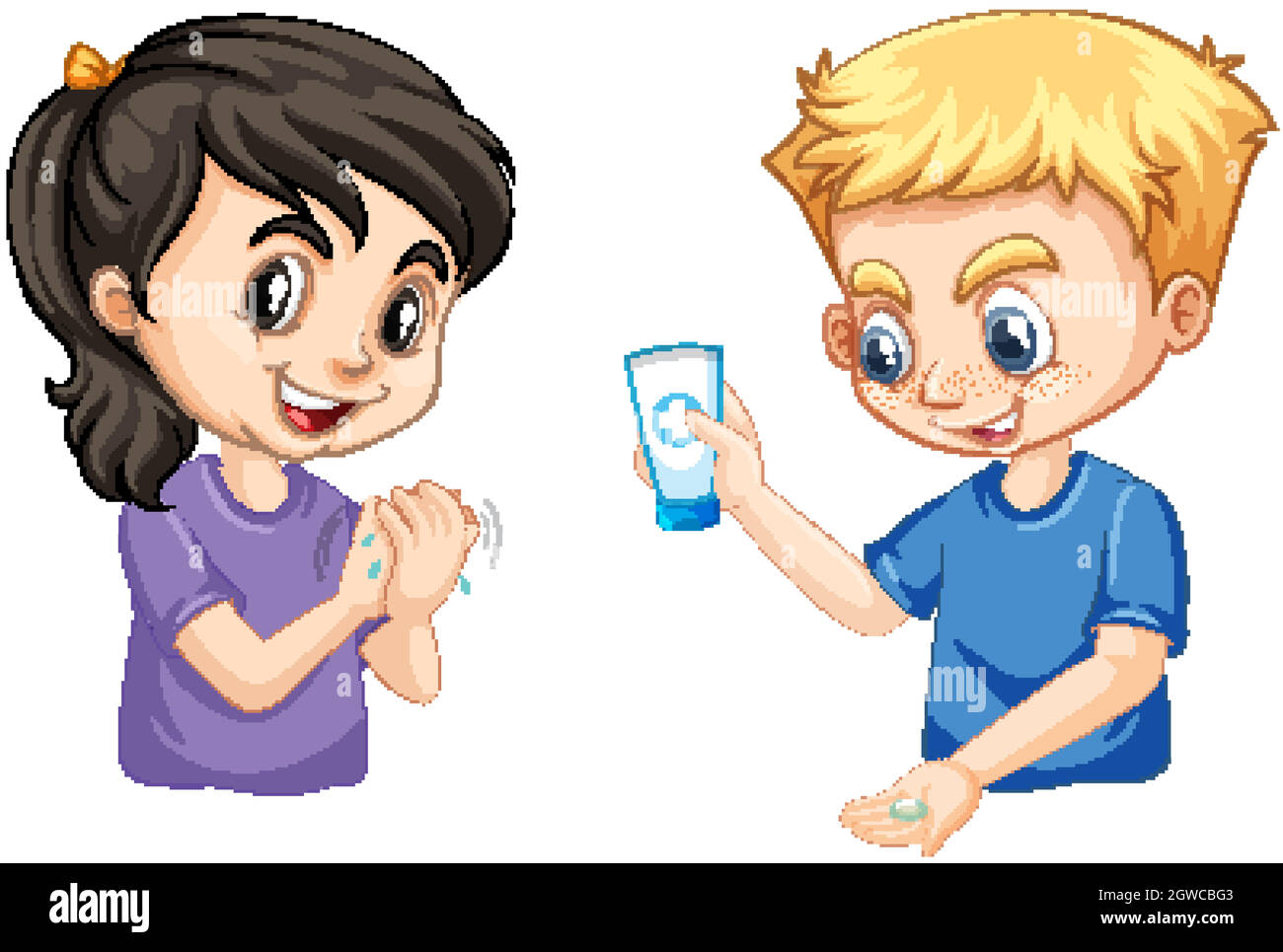Boy and girl washing hands using hand gel Stock Vector