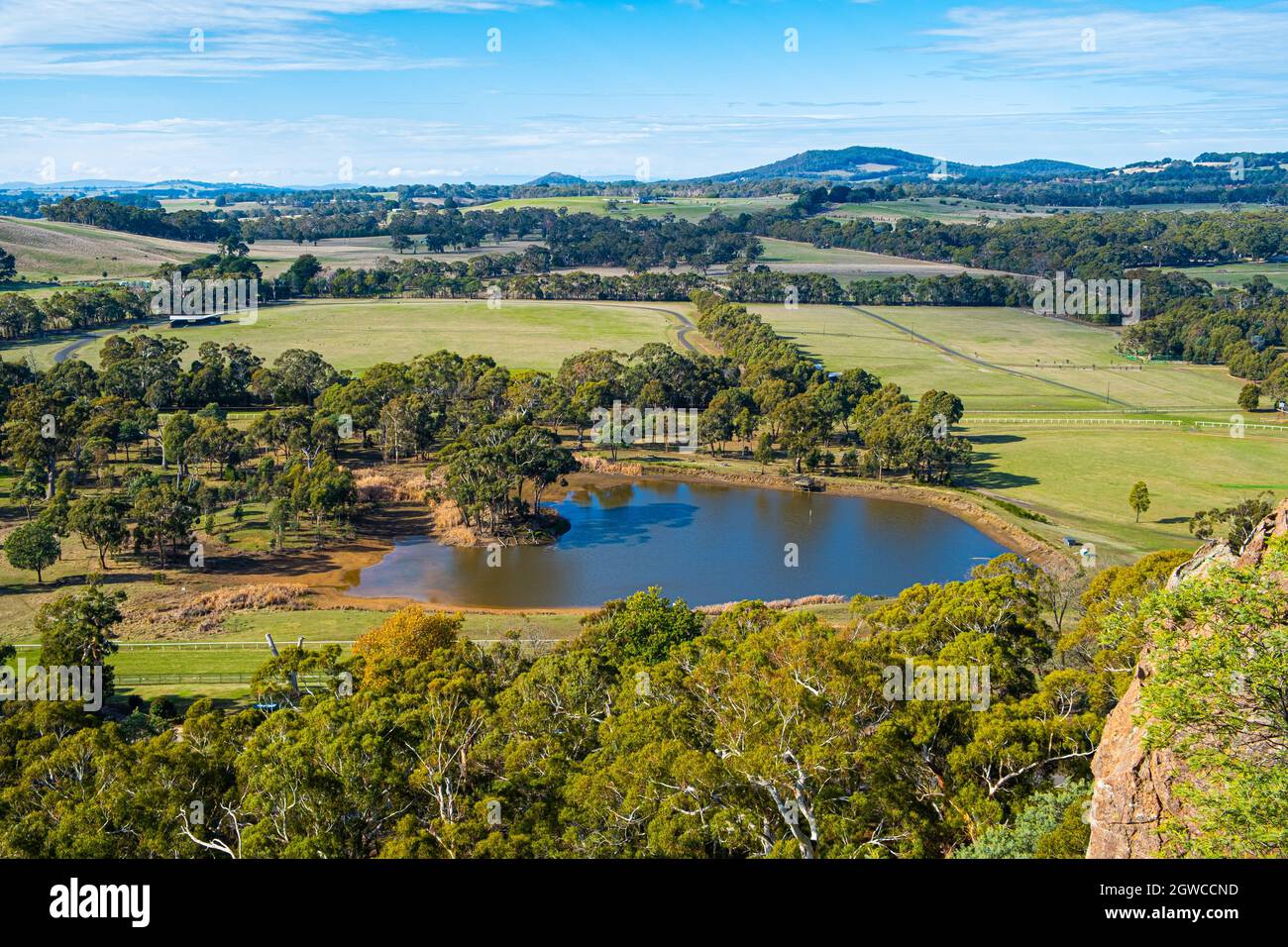 Small Pond And Native Trees Among Meadows And Pastures Near Hanging Rock, Victoria, Australia Stock Photo