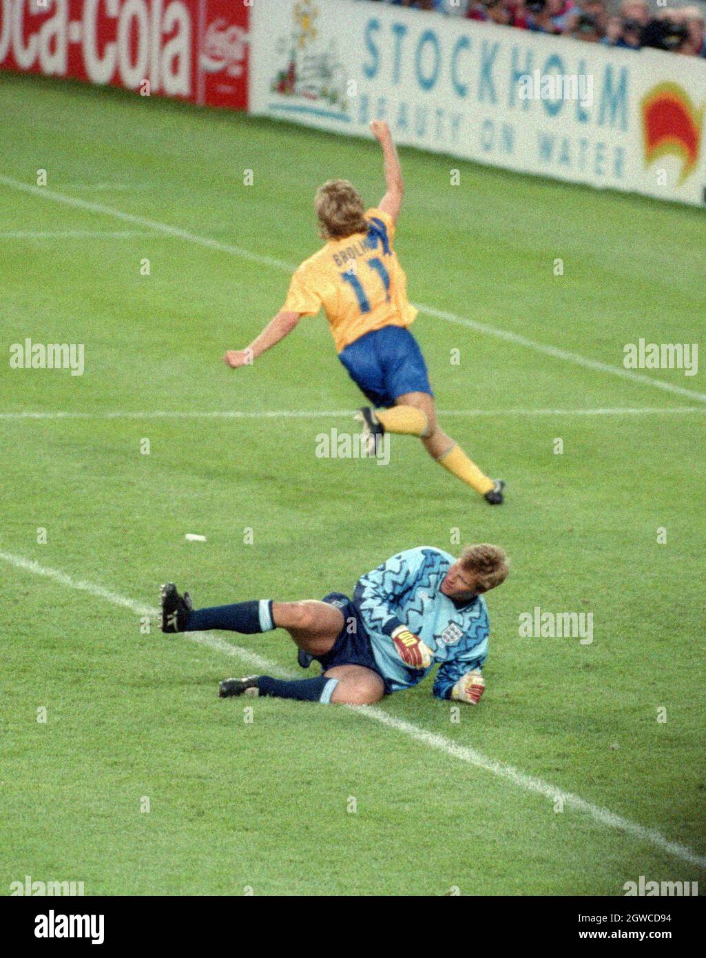 TOMAS BROLIN makes goals for Sweden behind Chris Woods in Englands goals  during EURO92 in Sweden Stock Photo - Alamy