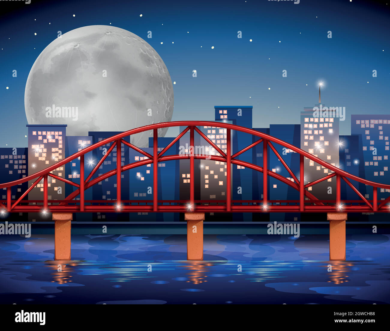 City scene with bridge over the river Stock Vector