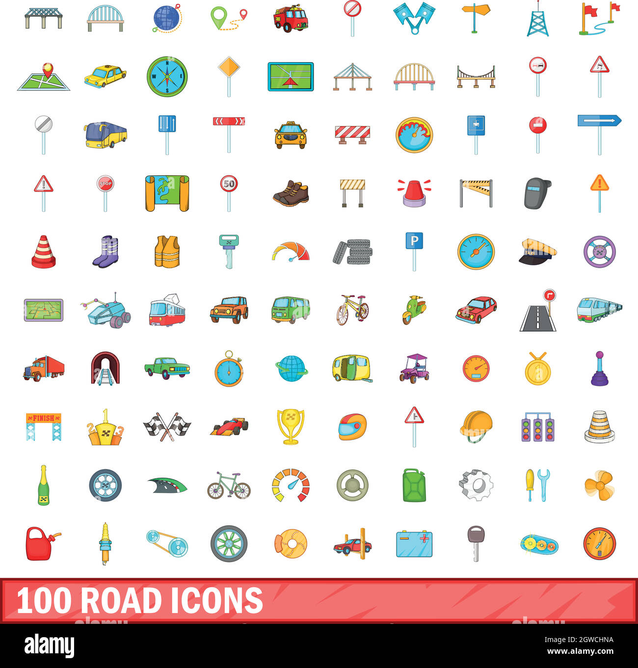 100 road icons set, cartoon style Stock Vector