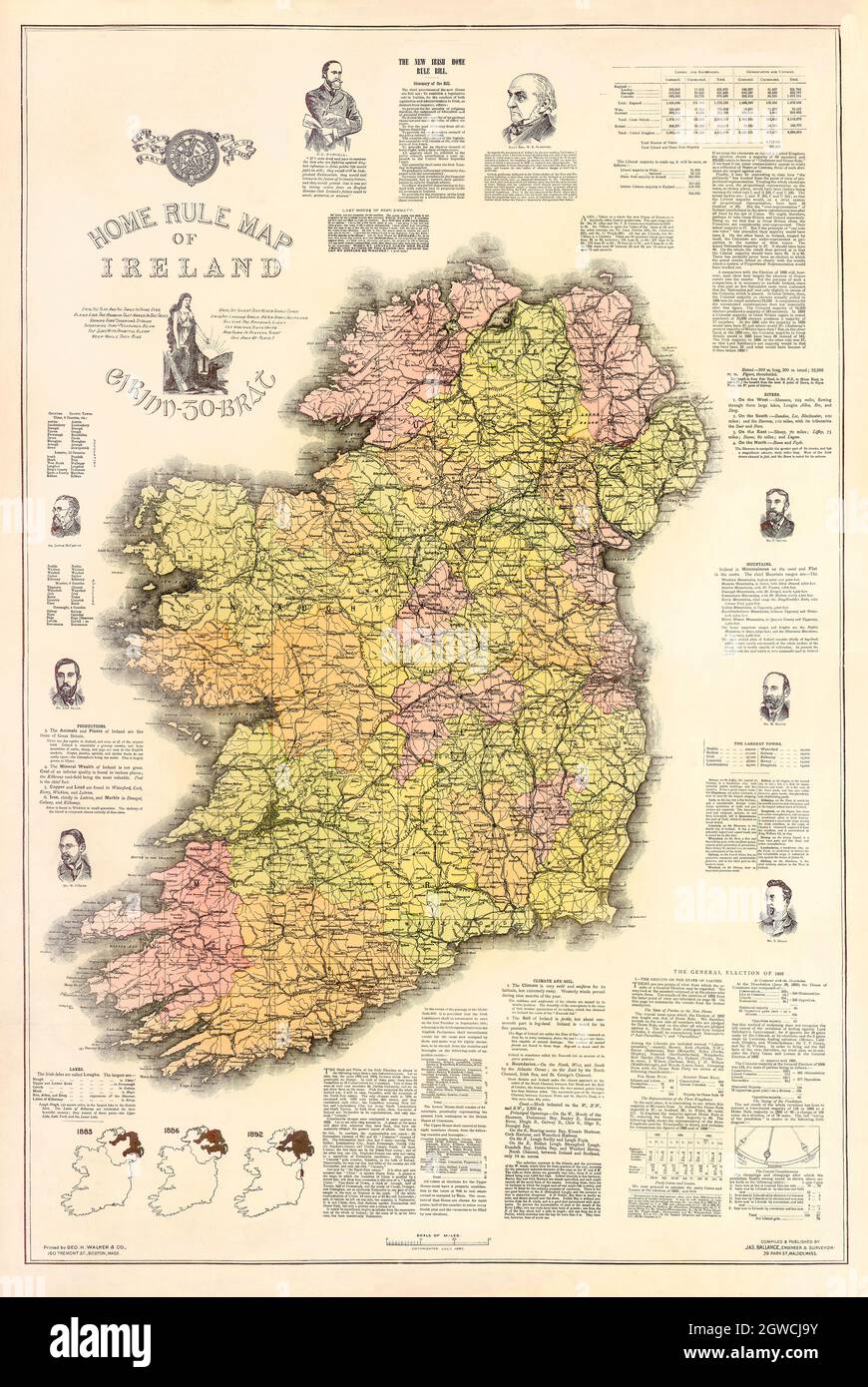 Home rule map of Ireland, Published in 1893 by Jas Ballance, engineer and surveyor, Malden, Massachutes, USA, following the introduction of the Irish Home Rule Bill, by Charles Stewart Parnell to the British Parliament. Stock Photo
