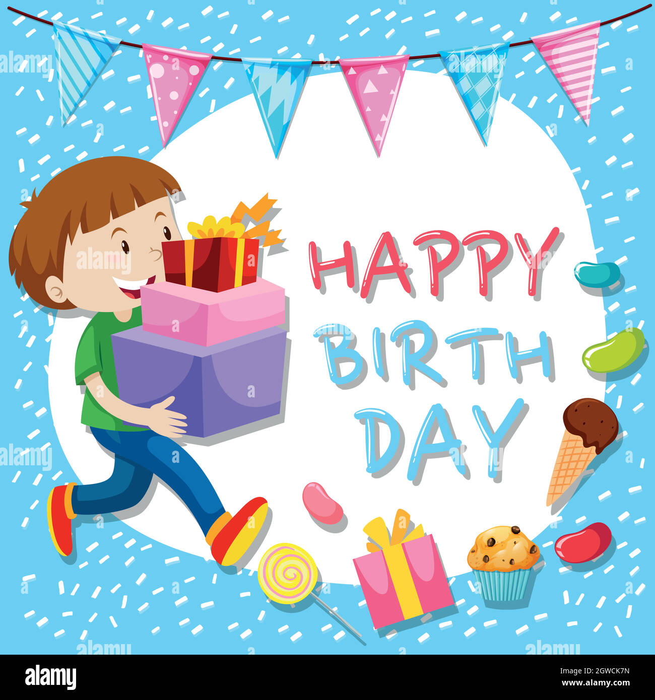 Birthday card template with boy and presents Stock Vector