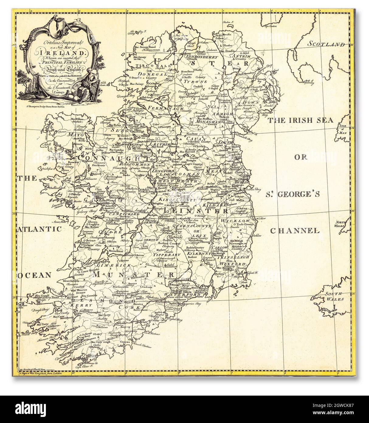 Ortelius Improved, or a new map of Ireland: Wherein are inserted the principal families of Irish and English extraction  who possessed the kingdom on the commencement of the seventeenth century. Created by engraver S. Thompson, in Dublin, circa 1795. Stock Photo