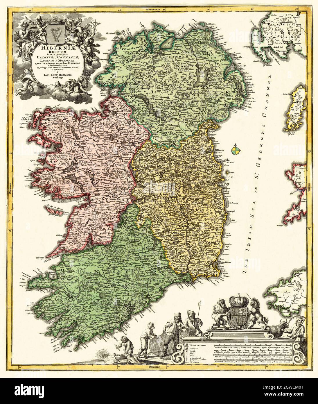 'Hiberniæ Regnum Tam in præcipuas Ultoniæ, Connaciæ, Laceniæ et Momoniæ, Quam in Minores Earundem Provincias et Ditiones Divisum'. Translation: The Kingdom of Ireland, Divided as Much into the Main Regions of Ulster, Connacht, Leinster and Munster. This hand-colored map of Ireland, based on earlier works, was published in 1715 by the firm of Nuremberg engraver and publisher Johann Baptist Homann (1663--1724). The map is in Latin, but place-names are in English and the original Celtic renderings into English. Stock Photo