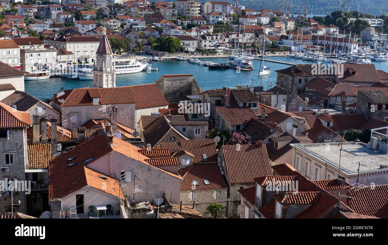 Aerial view of Trogir old town, UNESCO heritage site, shot from the bell tower os Saint Leonard Cathedral- panorama Stock Photo