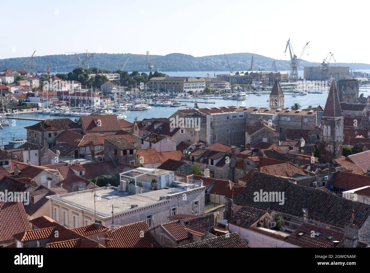 Aerial view of Trogir old town, UNESCO heritage site, shot from the bell tower os Saint Leonard Cathedral Stock Photo