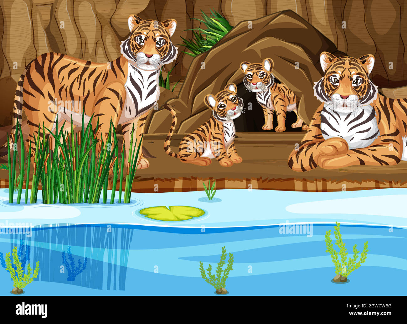 Tiger family by the pond Stock Vector