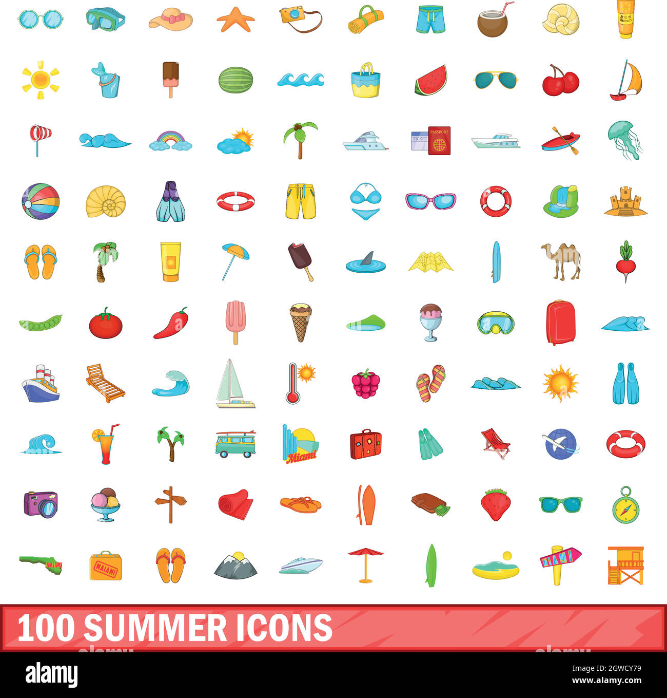 100 summer icons set, cartoon style Stock Vector