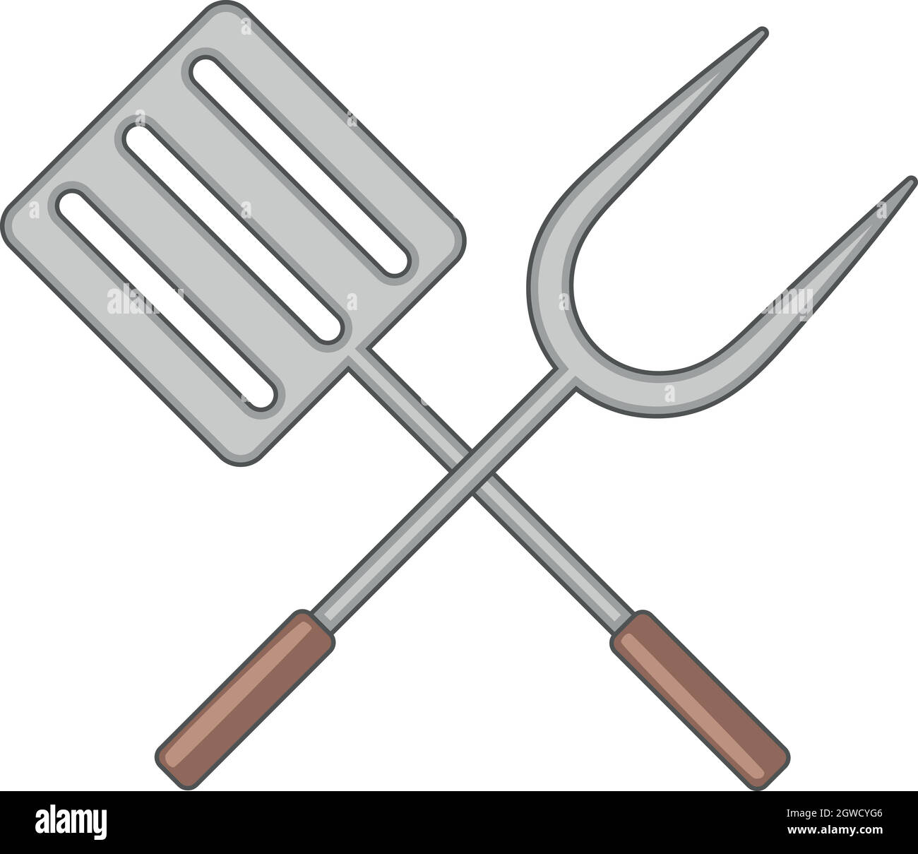 Spatula and barbeque fork icon, cartoon style Stock Vector
