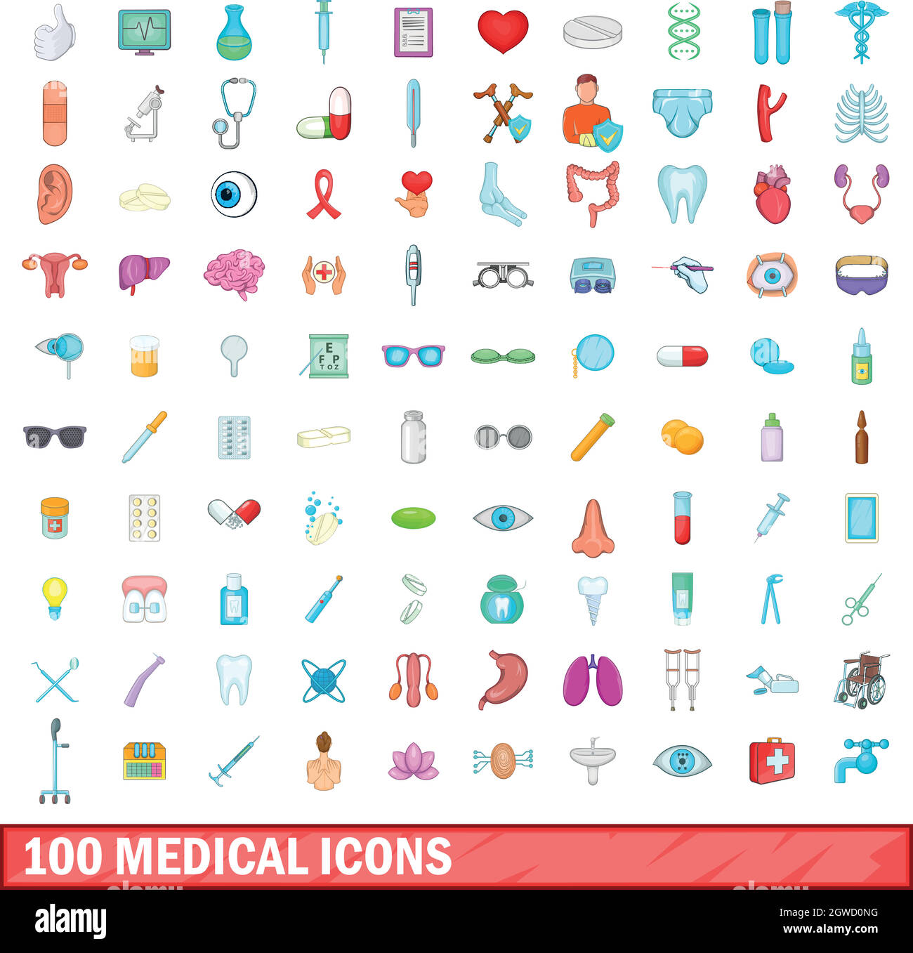 100 medical icons set, cartoon style Stock Vector