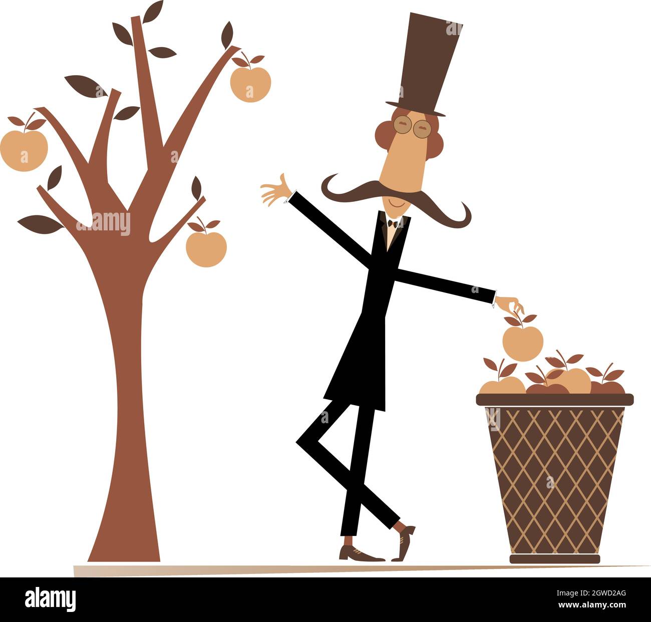 Cartoon gardener, apple tree, big basket. Comic long mustache man in the top  hat picks apples from the tree and puts them into a big basket Stock Vector  Image & Art -