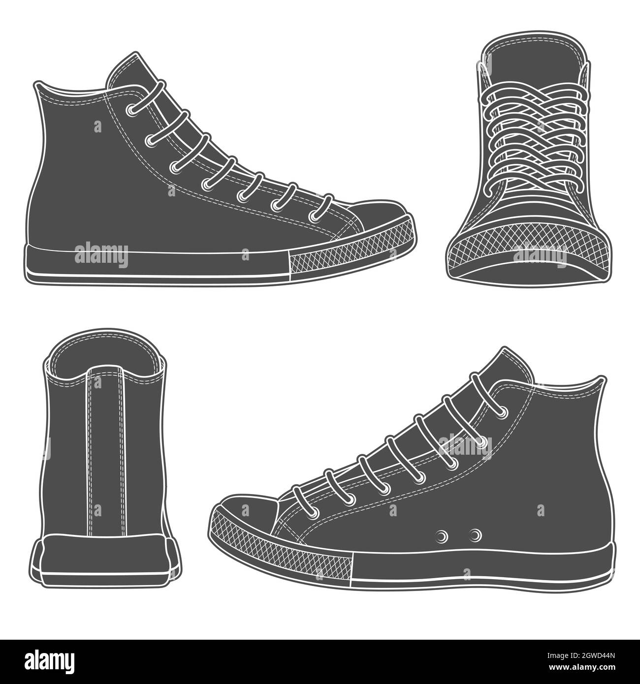 Set of black and white illustrations with sneakers, gumshoes. Isolated vector objects on white background. Stock Vector