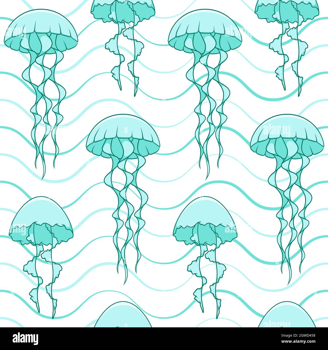 Seamless pattern with jellyfish and waves. Vector marine summer background. Stock Vector