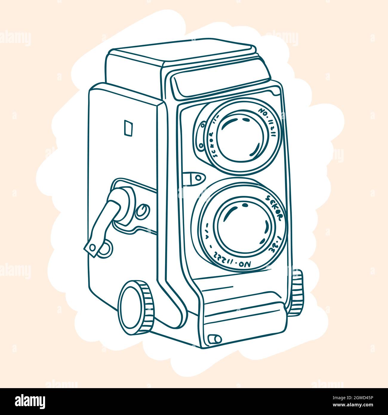 Vintage cameras. Hand drawn polaroid picture. Retro film video. Colored outline. Stock Vector