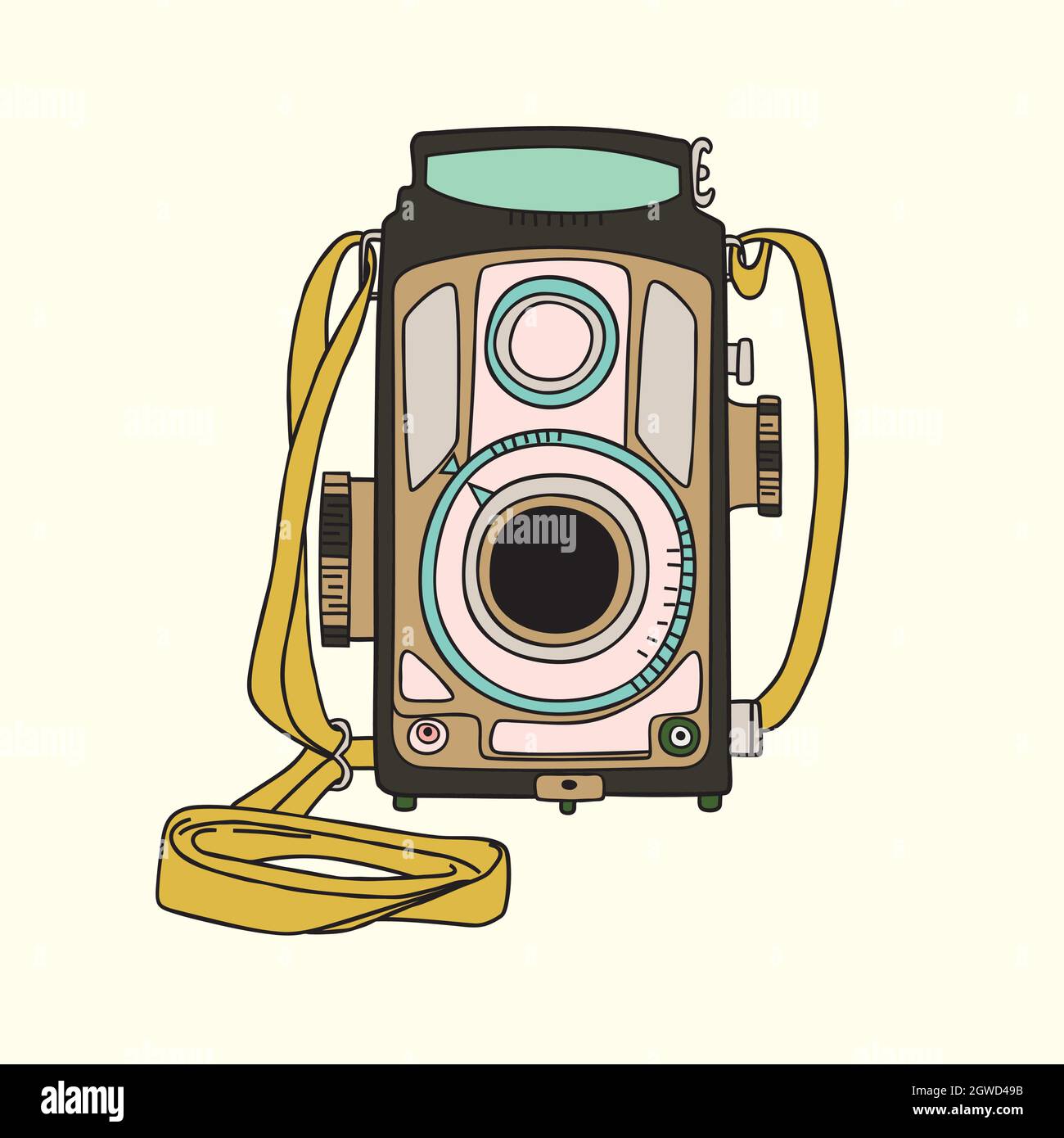 Vintage cameras. Hand drawn polaroid picture. Retro film video. Colored