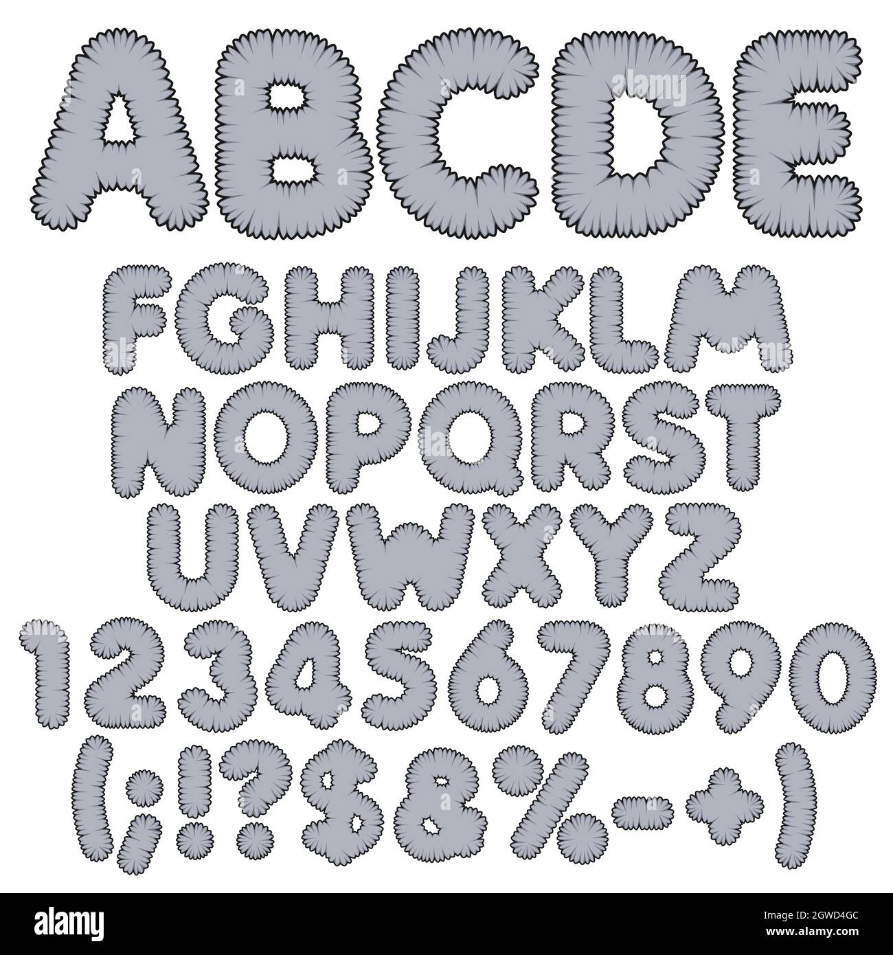 Shaggy color alphabet, letters, numbers and signs. Isolated vector objects on white background. Stock Vector