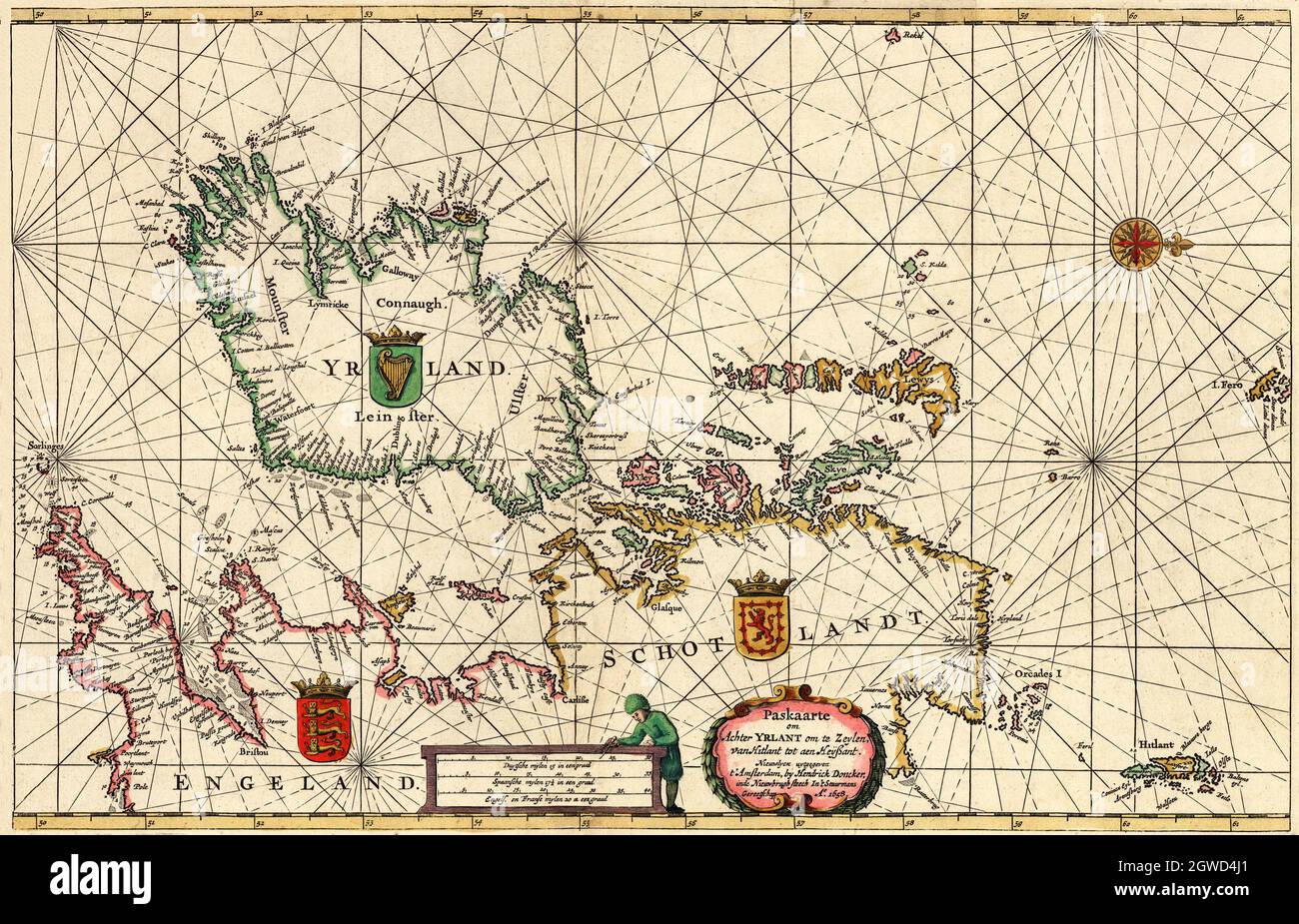 'Paskaarte om achter Yrlant om te zeylen, van Hitlant tot aen Heÿssant.' Tranlation:   Map from beyond Ireland to Zeylen, from Shetland to Ouessant. The map created in 1658 was by Hendrick Doncker (1626-1699), a bookseller and publisher in Amsterdam during the 17th Century. His sea atlases are based on his own work and have been known for their accuracy. NB This version has been modified and reduced in size. Stock Photo