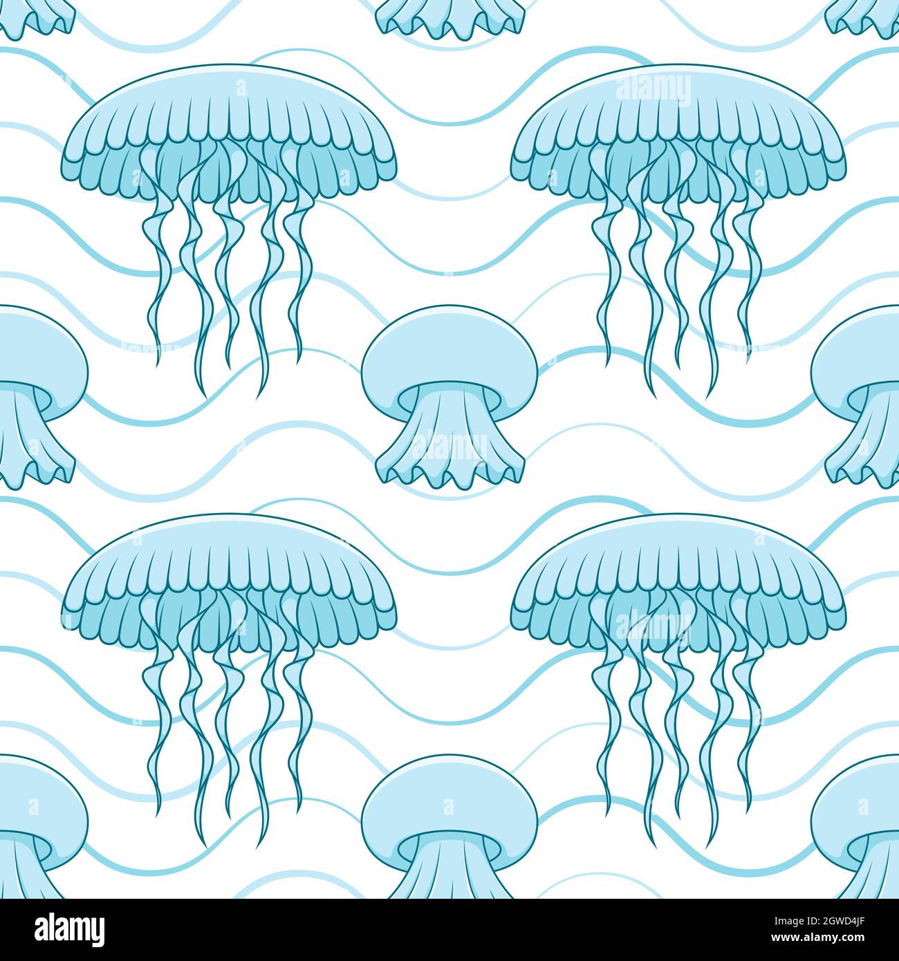 Seamless pattern with jellyfish and waves. Vector marine summer background. Stock Vector