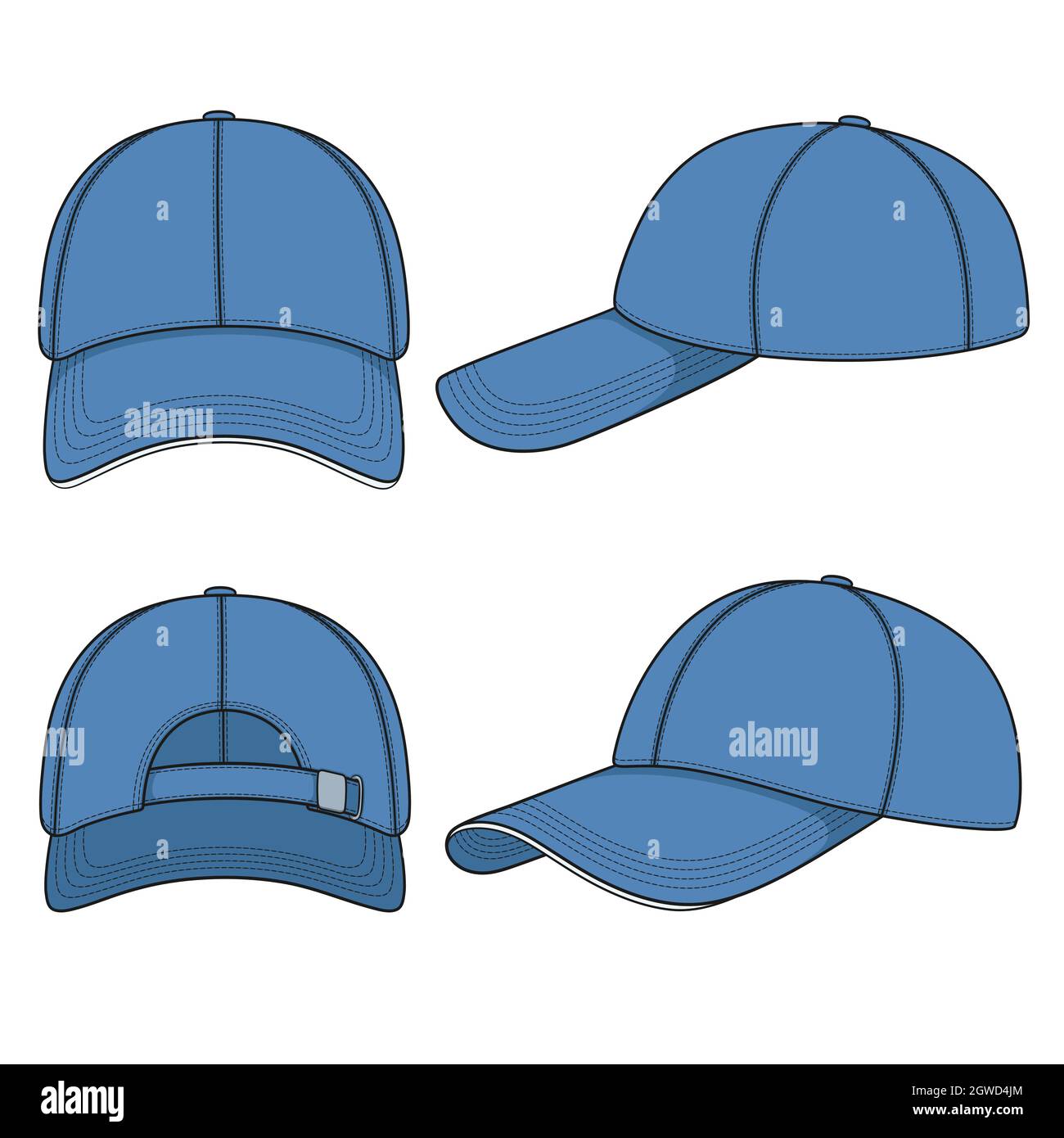 Set of color illustrations with a blue baseball cap. Isolated vector objects on white background. Stock Vector