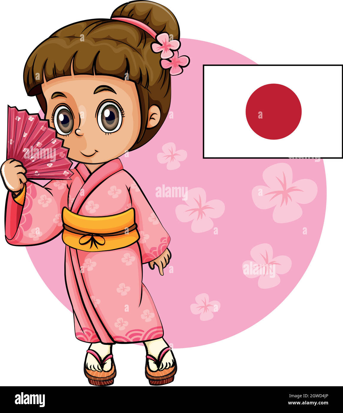 Japanese girl in pink kimono and Japan flag Stock Vector