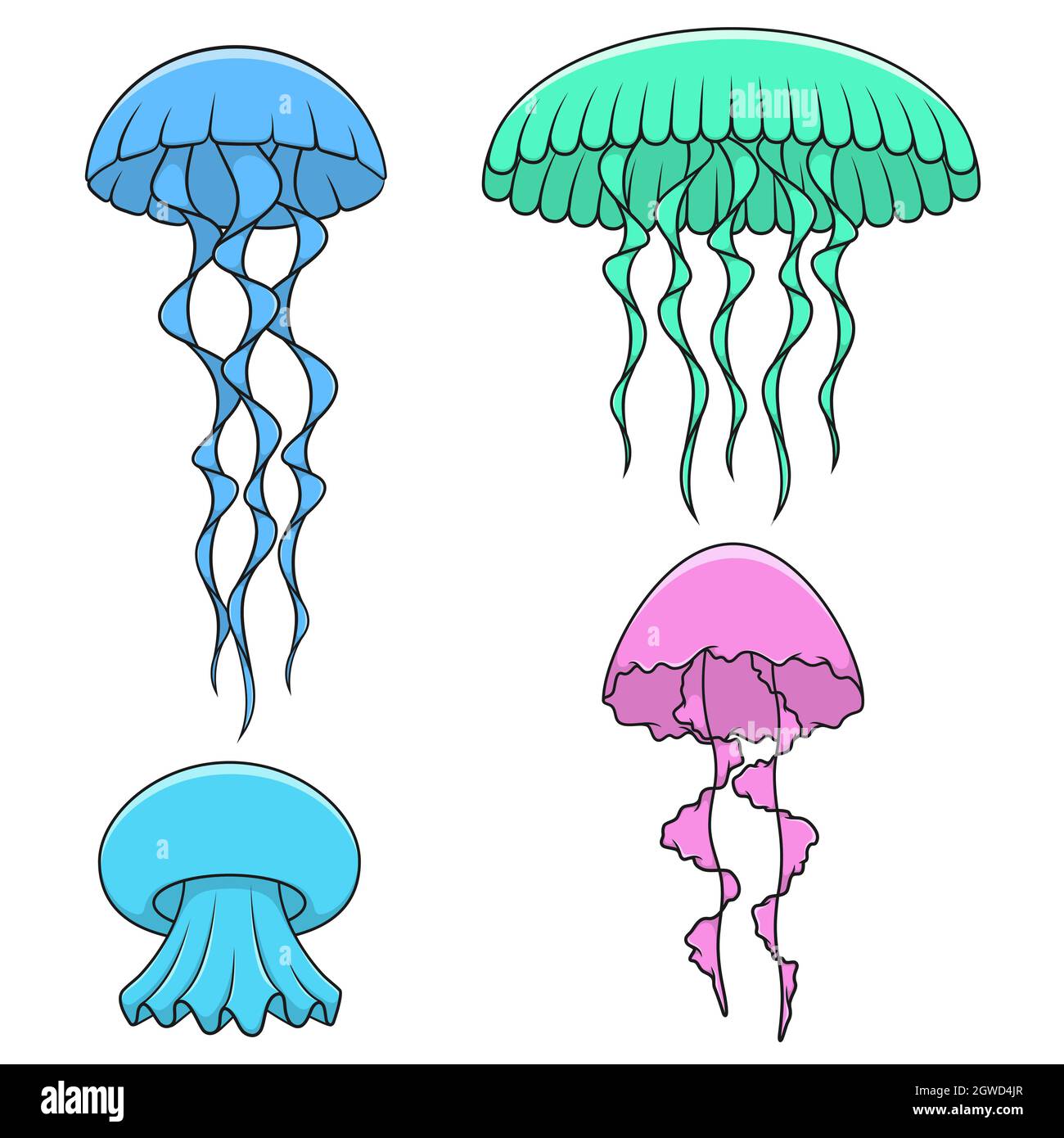 Set of color illustrations with bright jellyfish. Isolated vector objects on white background. Stock Vector