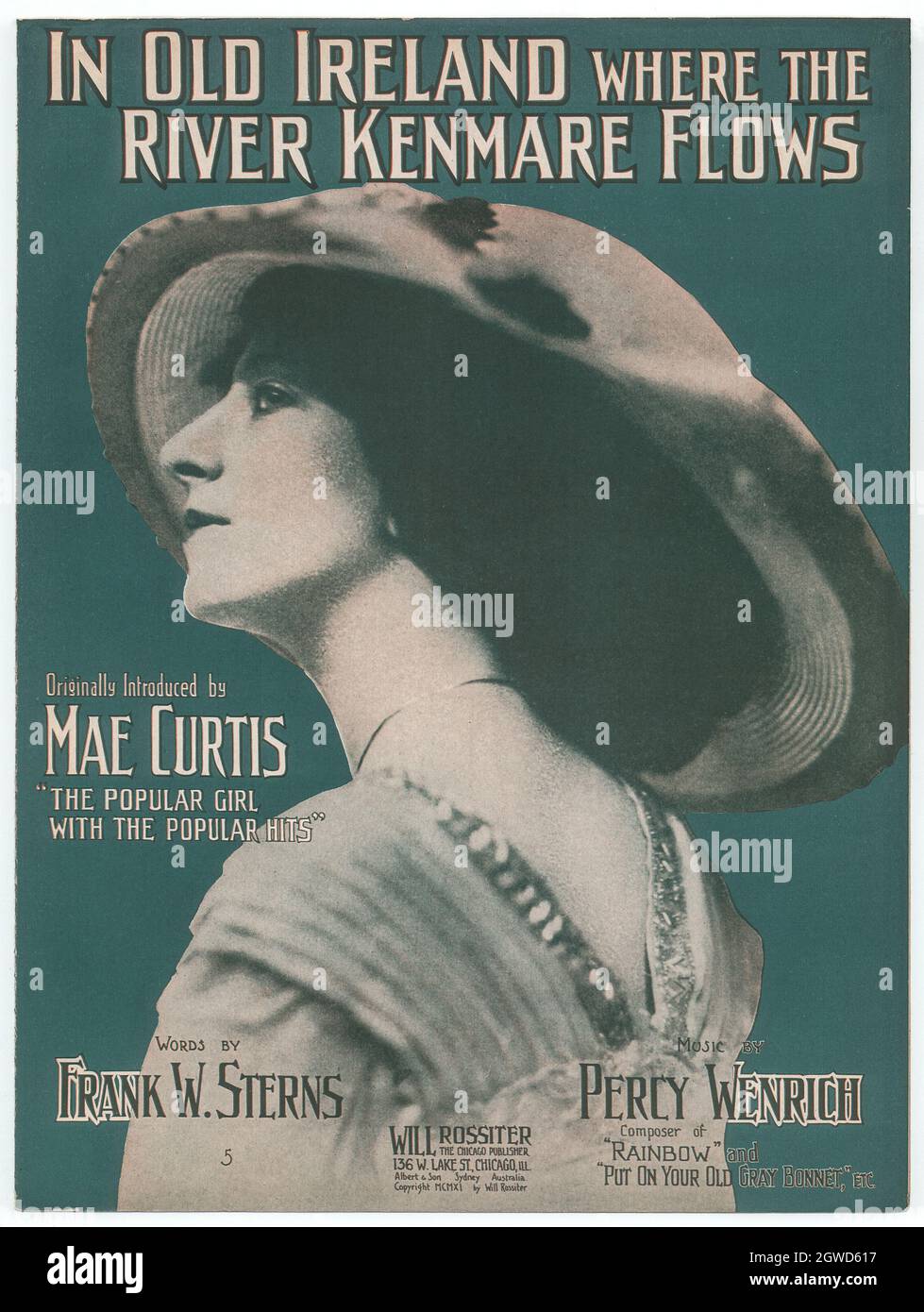 Early 20th Century sheet music for 'In Old Ireland, where the River Kenmare Flows'. Sang by Mae Curtis; Lyrics by Frank W Stern; Music by Percy Wenrich; Published by Will Rossiter, Chicago, USA Stock Photo