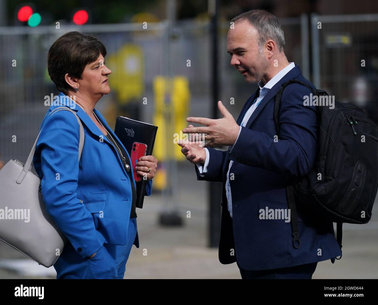 Gavin Barwell, Number 10 Chief of Staff talks with Arlene Foster outside the Midland Hotel in Manchester during the Conservative Party Conference. Picture date: Sunday October 3, 2021. Stock Photo