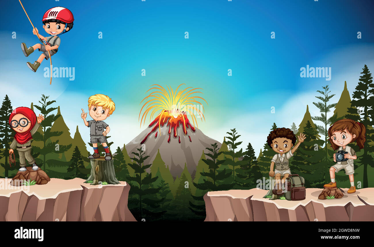 Boys and girls camping in the mountain Stock Vector Image & Art - Alamy
