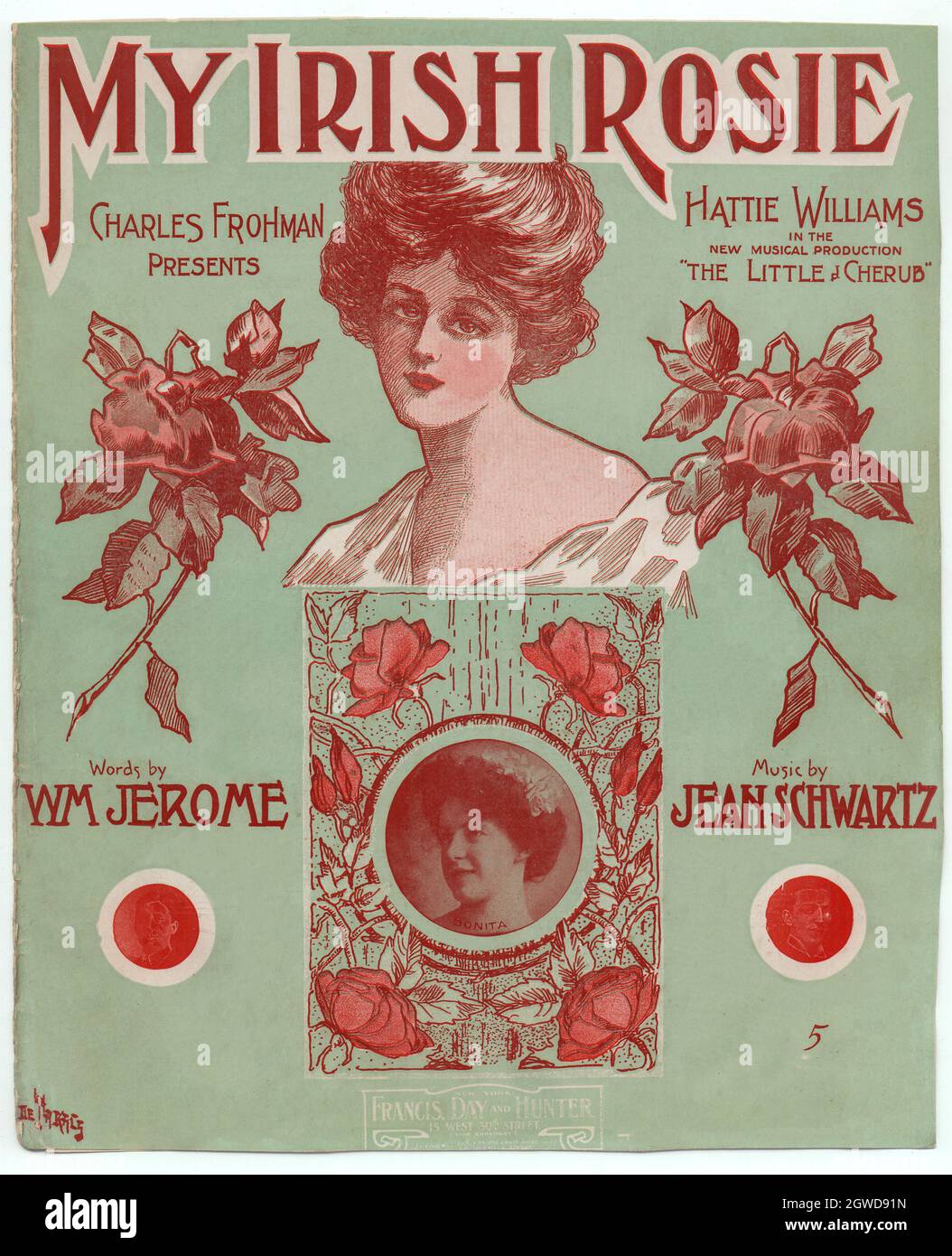 Early 20th Century sheet music for 'My Irish Rosie'. Sang by Hattie Williams; Lyrics by Wm Jerome; Music by Jean Schwartz; Published by Jerome H Remick, Chicago, USA Stock Photo