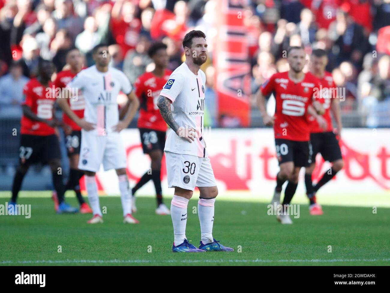 Soccer Football - Ligue 1 - Stade Rennes v Paris St Germain - Roazhon Park,  Rennes, France - October 3, 2021 Paris Saint-Germain's Lionel Messi looks  dejected after Stade Rennais' Flavien Tait