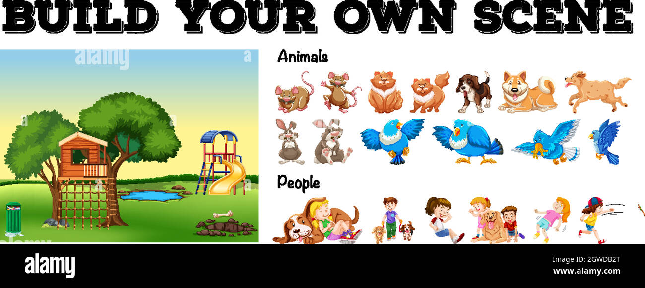 Set of isolated animals and people with playground scene Stock Vector