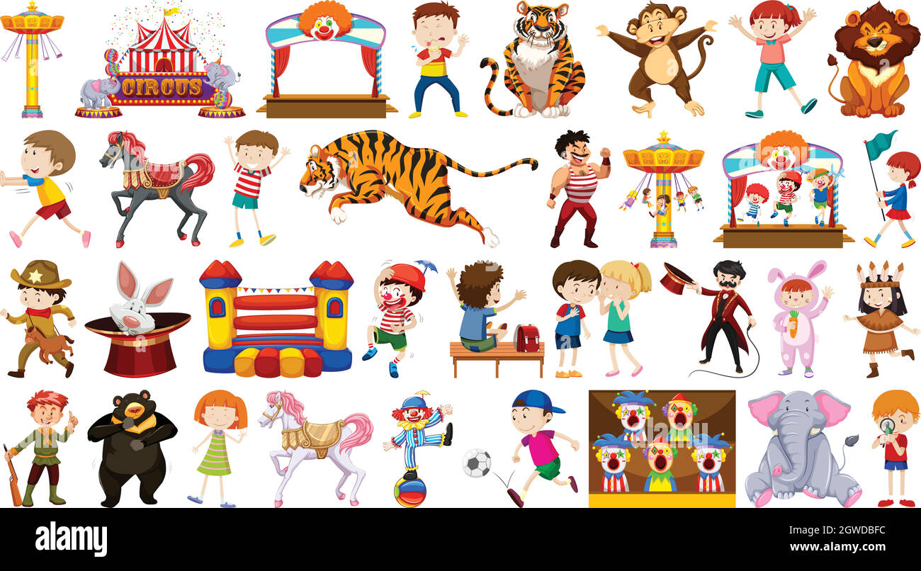 Circus set with animals rides and clowns on isolated background Stock ...