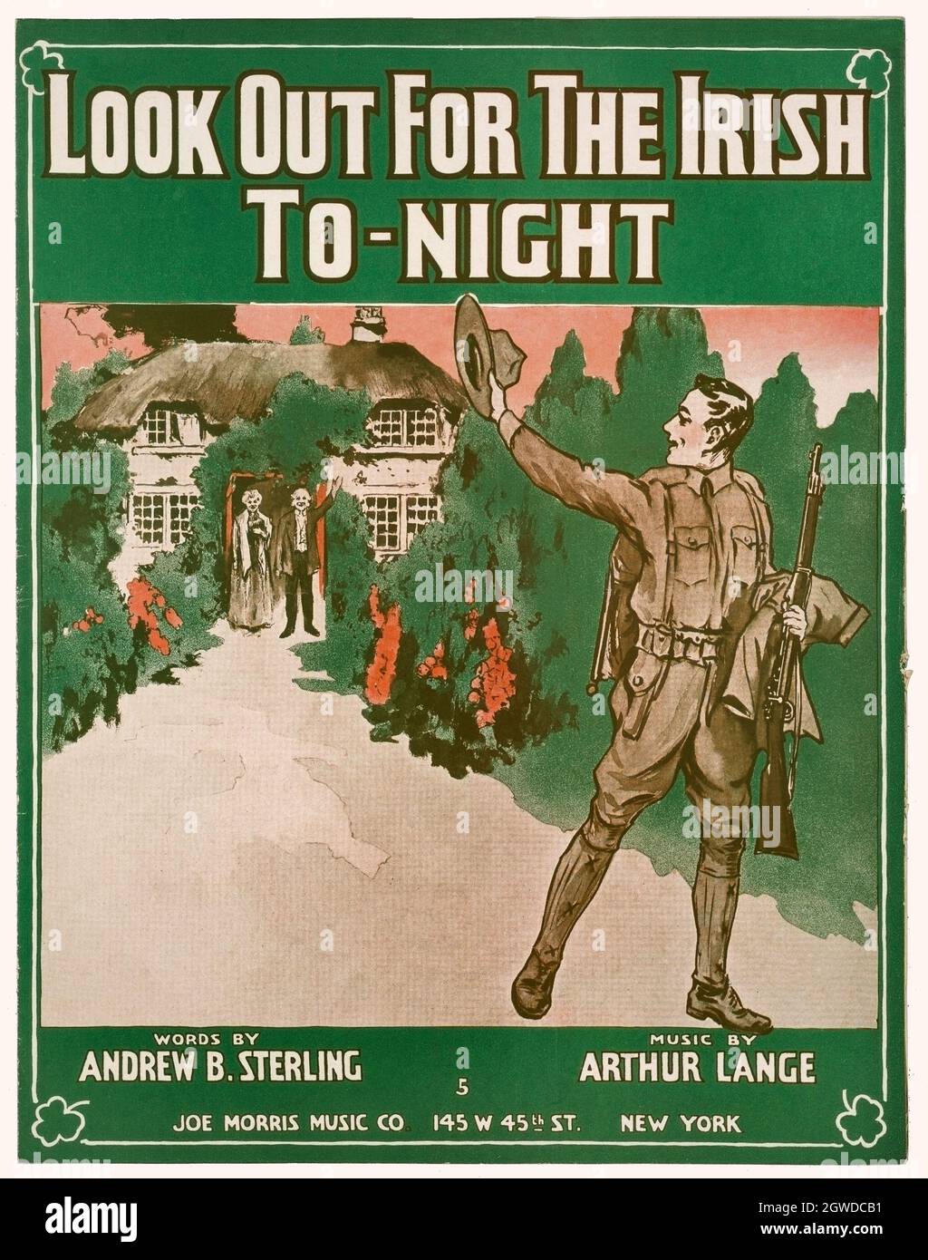 Early 20th Century sheet music for 'Look Out For The Irish Tonight'.  Lyrics by Andrew B Sterling; Music by Arthur Lange; Published by Joe Morris Music Co, New York City, USA Stock Photo