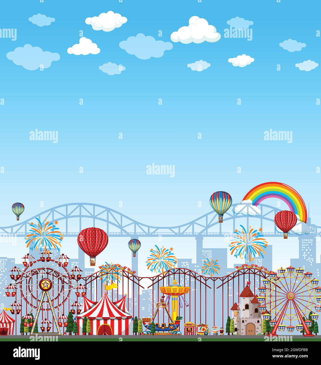 Amusement park scene at daytime with blank bright blue sky Stock Vector ...